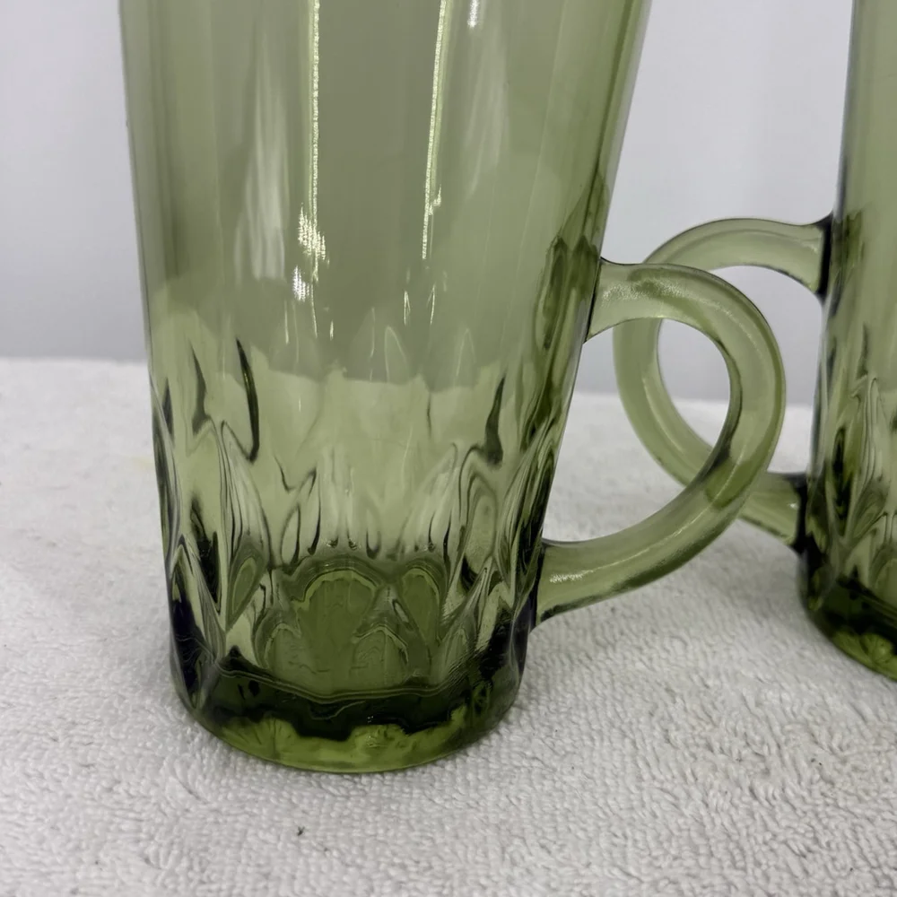 Vtg MCM Green Glass Tumbler With Handle Anchor Hocking Diamond Facet 5.5